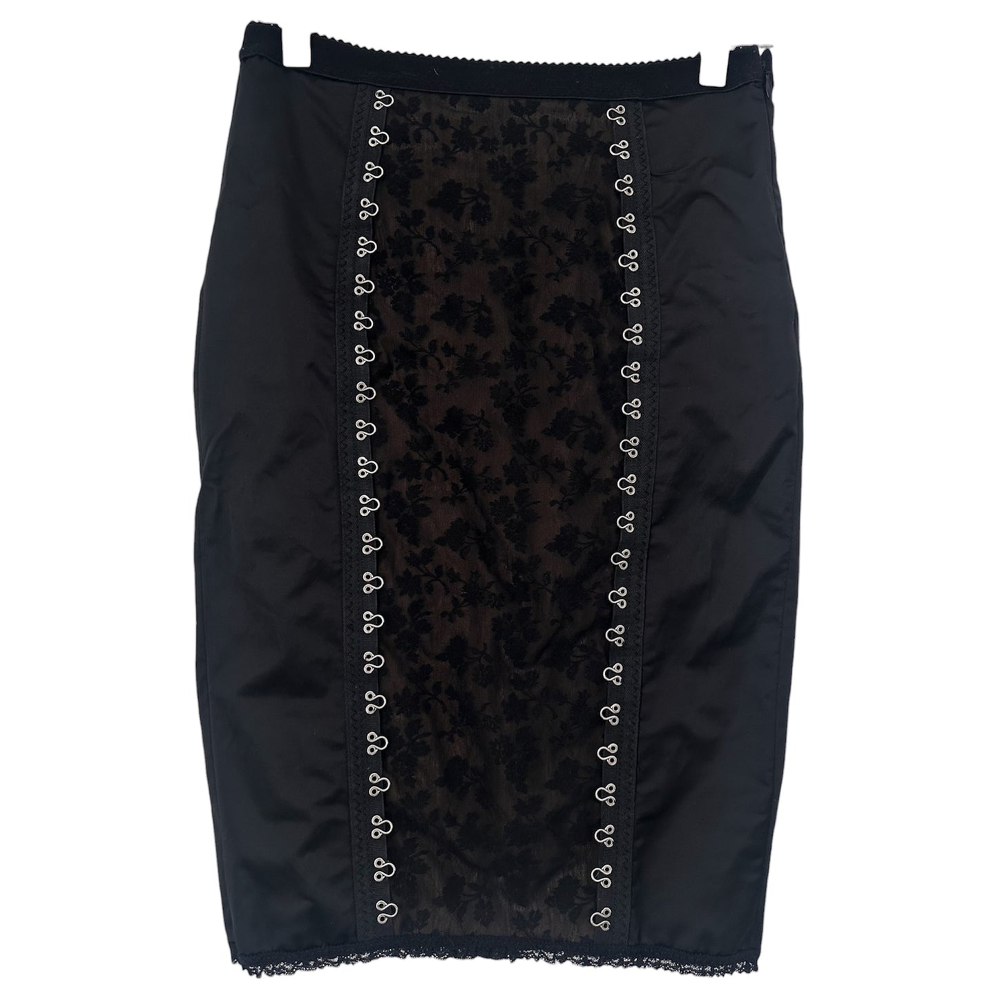 MOSCHINO MESH AND LACE SATIN PENCIL SKIRT