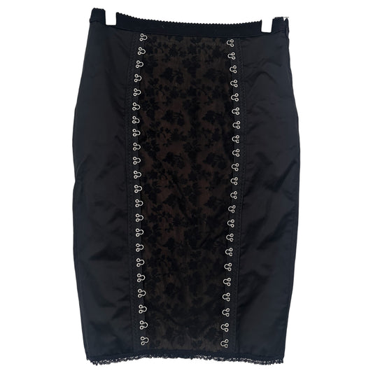 MOSCHINO MESH AND LACE SATIN PENCIL SKIRT