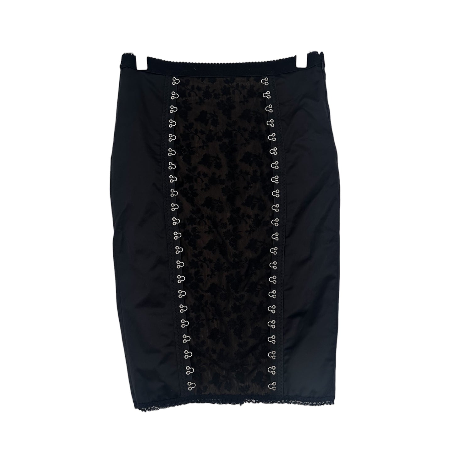 MOSCHINO MESH AND LACE SATIN PENCIL SKIRT