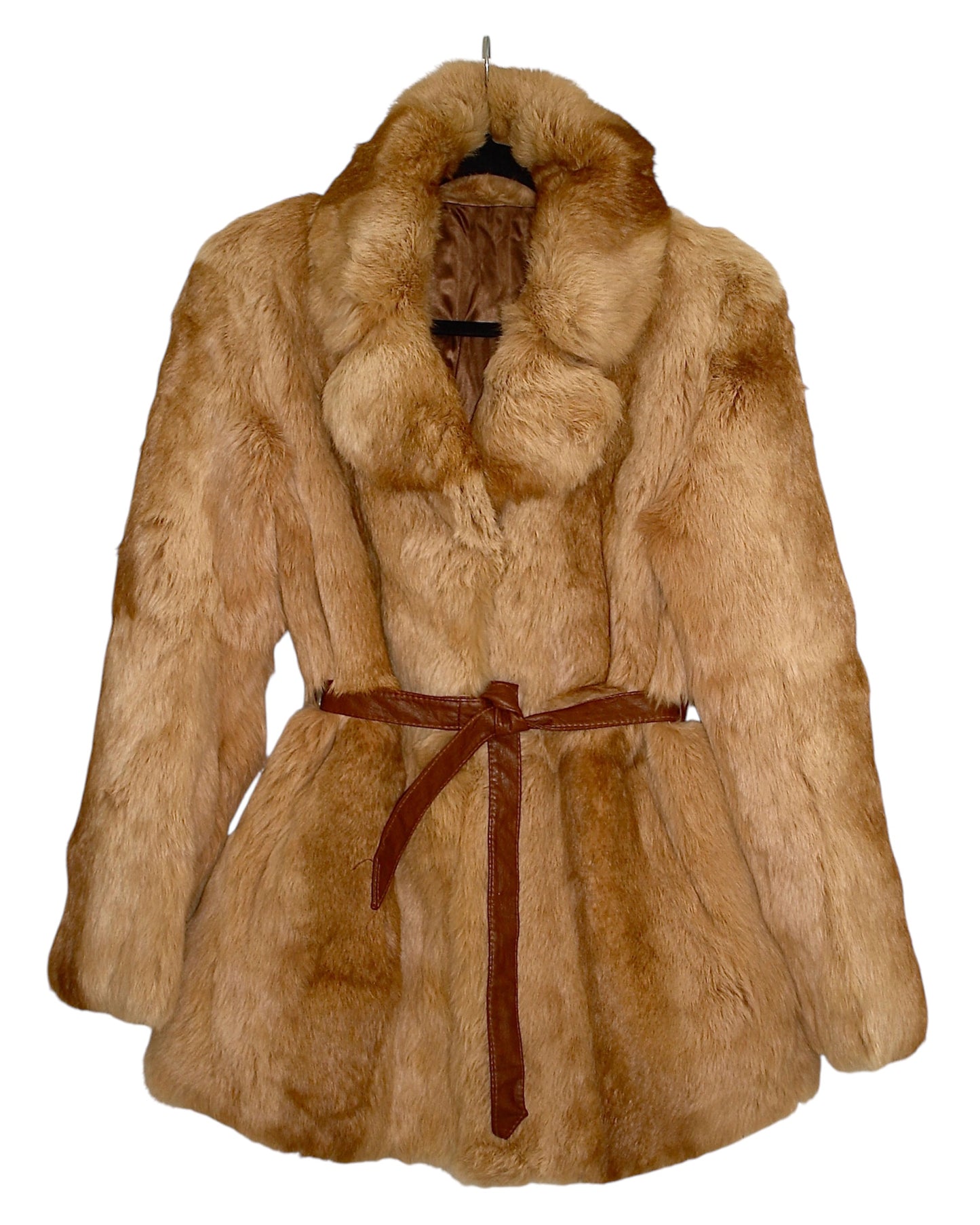 LEATHER BELTED RABBIT VINTAGE FUR COAT