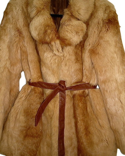 LEATHER BELTED RABBIT VINTAGE FUR COAT