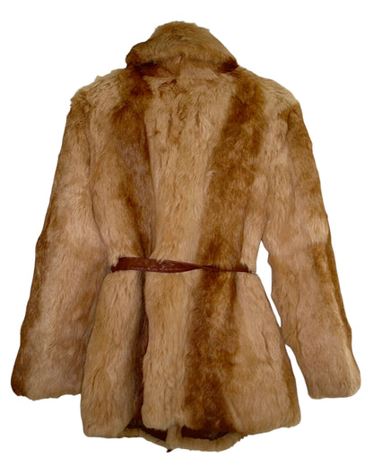 LEATHER BELTED RABBIT VINTAGE FUR COAT
