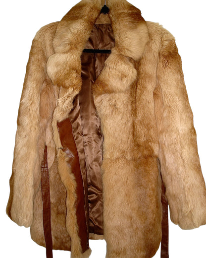 LEATHER BELTED RABBIT VINTAGE FUR COAT
